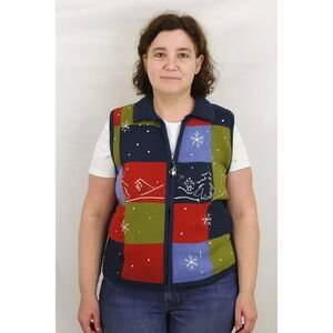 vintage patchwork winter trees colorful plaid grandmacore S vest